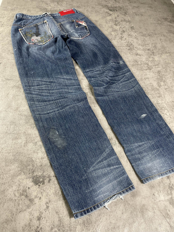 Big Train Jeans Vintage Y2K Rare Straight Fit Embroidered Size M Hip Hop #CR8461