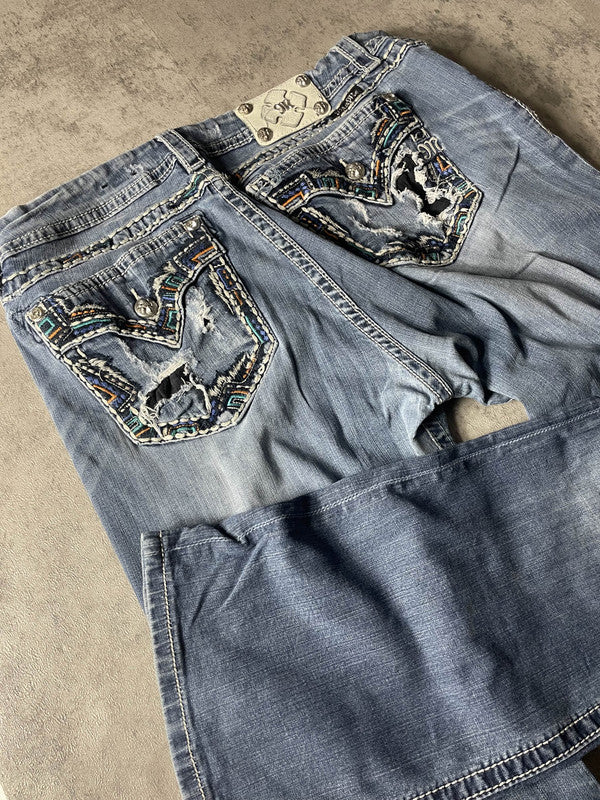 Curvy Miss Me Jeans L Vintage y2k rare Bootcut Hip Hop Embroidered #YE0338