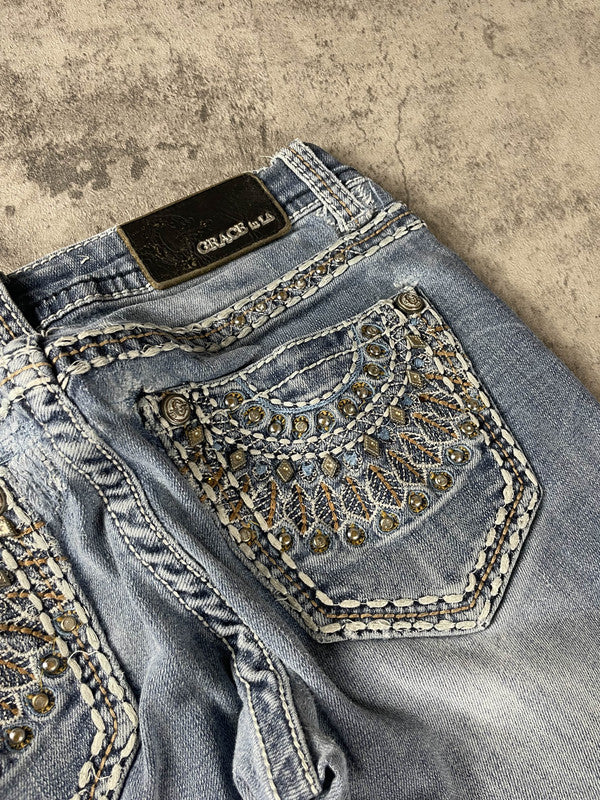 Jeans Vintage Dressing XS Bootcut Hip Hop Embroidered (Stile Miss Me) #IU4406