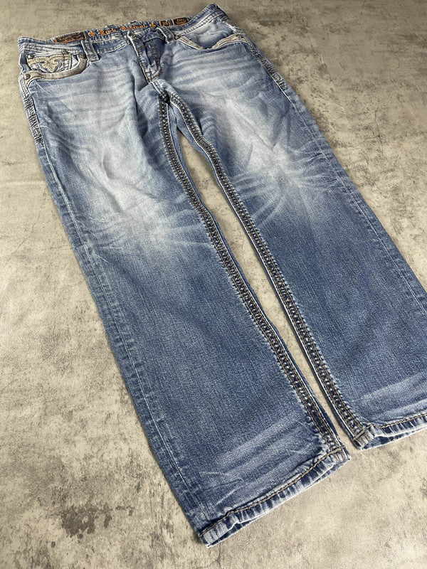 Rock Revival Jeans M Vintage y2k Rare Baggy Hip Hop Embroidered #EF2411