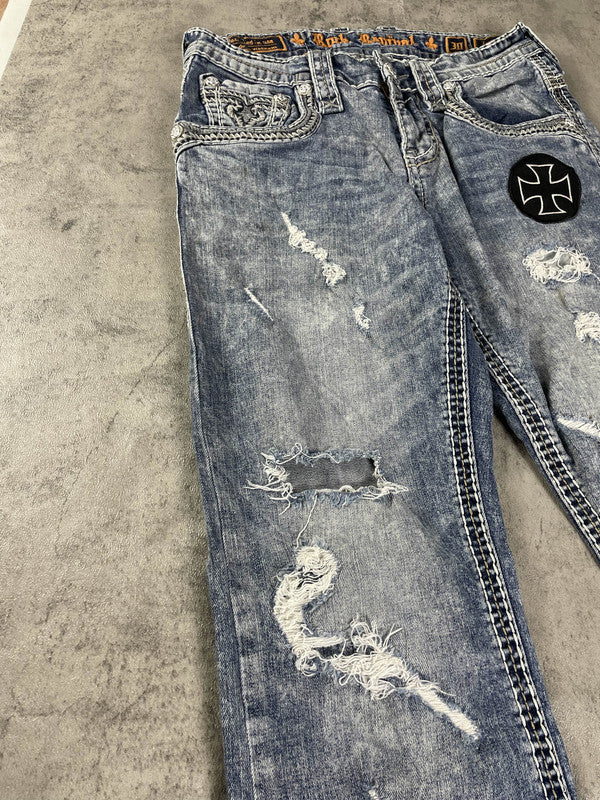 Rock Revival Jeans M Vintage y2k Straight Leg Denim Hip Hop Embroidered #EW4950