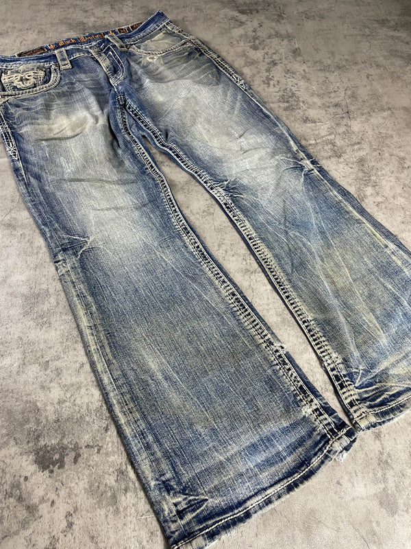 Rock Revival L Baggy Jeans Vintage Y2k Rare Hip Hop Embroidered #EN1593