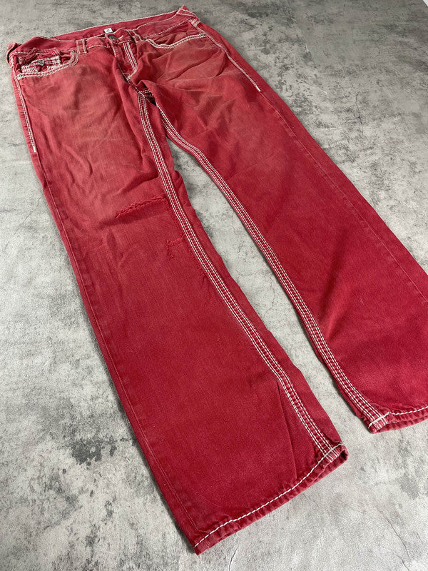 TR L Baggy Vintage Y2k Rare Jeans Red Hip Hop Embroidered #FM1376