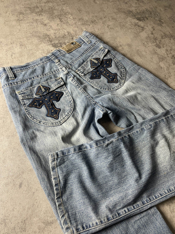 Vintage Dressing Jeans S Straight Hip Hop Embroidered Cross (Stile Miss Me) #LB4978