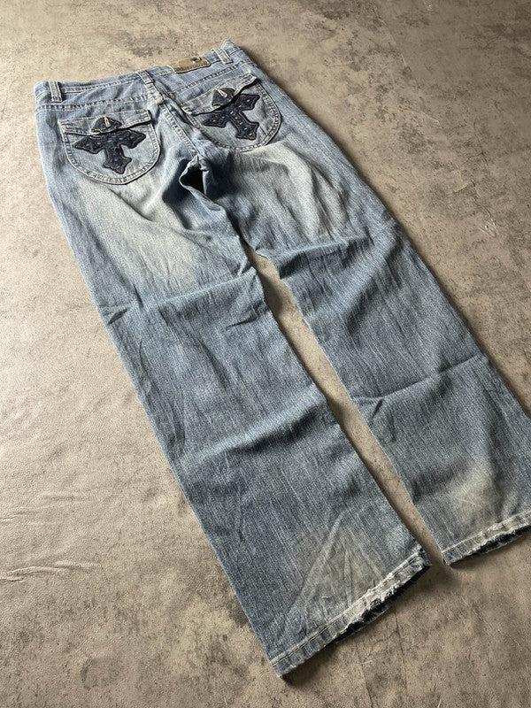 Vintage Dressing Jeans S Straight Hip Hop Embroidered Cross (Stile Miss Me) #LB4978