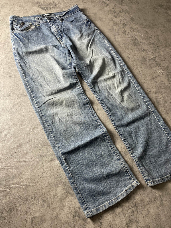 Vintage Dressing Jeans S Straight Hip Hop Embroidered Cross (Stile Miss Me) #LB4978