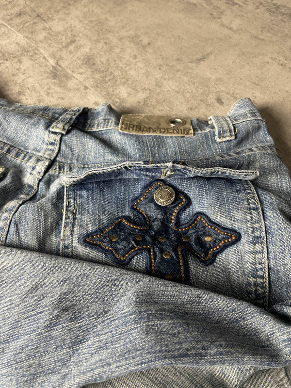 Vintage Dressing Jeans S Straight Hip Hop Embroidered Cross (Stile Miss Me) #LB4978
